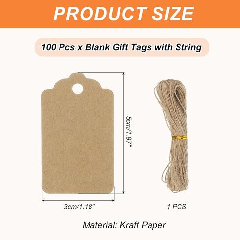 PATIKIL 100 Pcs Blank Gift Tags with String, 3.8x1.8 Inch Kraft Paper Tags Gift Bags Tags Rectangular Wave Label with Holes for Wedding Holiday Party Favor Clothes Craft, White in Saudi Arabia