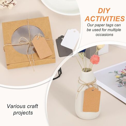 PATIKIL 100 Pcs Blank Gift Tags with String, 3.8x1.8 Inch Kraft Paper Tags Gift Bags Tags Rectangular Wave Label with Holes for Wedding Holiday Party Favor Clothes Craft, White in Saudi Arabia