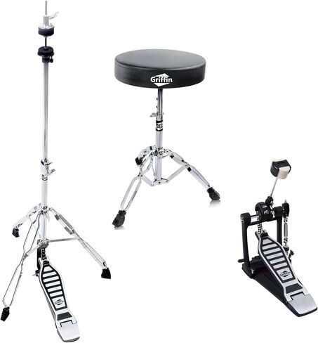 GRIFFIN 3 Pack Drum Hardware Combo Set (ChromeElite Edition) – Bass Kick Pedal, Drum Throne & Hi-Hat Stand – Percussion Kit for Mounting Crash, Ride & Splash Cymbals in Saudi Arabia