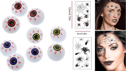 Yeahgoshopping Plastic Eyeball Halloween Ping Pong Fake Zombie Balls for Halloween Cat Toy, Decoration or Table Tennis Playing - 12 Pcs w/Same Color + 1 Random Spider Tattoo in Kuwait