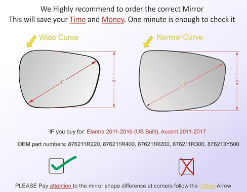 EAP DRIVER Side Mirror Glass متوافق مع Hyundai Elantra 2011-2016 (Korea Build) ، Elantra GT 2013-2017 ، Veloster 2011-2017 ، Hate ، 876113x070 876113x570 876113y500 87611110 87611110 87612v310 in Kuwait