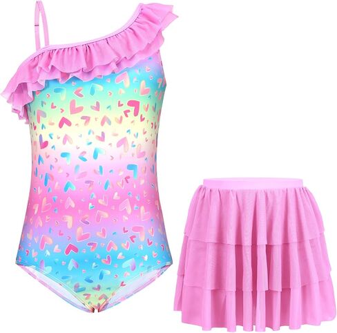 Girls One-Piece Swimsuits with Mesh Skirt Floral Ruffle One Shoulder Bathing Suit Swimwear 5-12Y in Kuwait