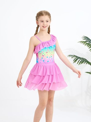 Girls One-Piece Swimsuits with Mesh Skirt Floral Ruffle One Shoulder Bathing Suit Swimwear 5-12Y in Kuwait