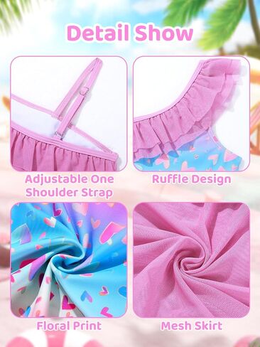 Girls One-Piece Swimsuits with Mesh Skirt Floral Ruffle One Shoulder Bathing Suit Swimwear 5-12Y in Kuwait