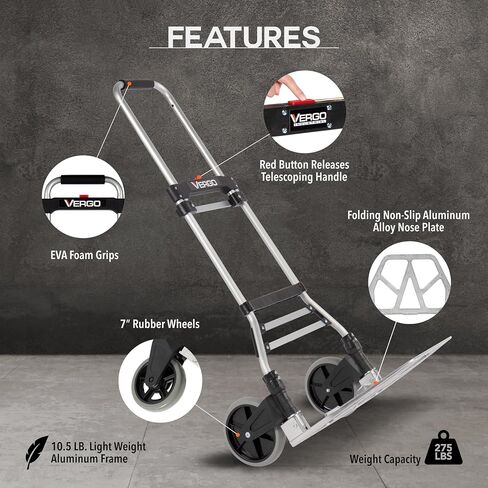 Vergo 275 IBS سعة الشاحنة اليدوية القابلة للطي Dolly - عربة ألمنيوم خفيفة الوزن مع مقبض تلسكوب 42 بوصة ، عربة اليد المدمجة مع عجلات مطاطية 7 " - مثالية للاستخدام متعدد الأغراض (S300BT) in Kuwait