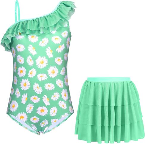 Girls One-Piece Swimsuits with Mesh Skirt Floral Ruffle One Shoulder Bathing Suit Swimwear 5-12Y in Kuwait