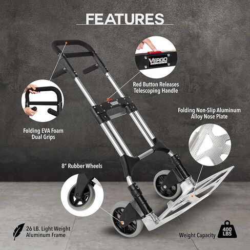 Vergo 275 IBS سعة الشاحنة اليدوية القابلة للطي Dolly - عربة ألمنيوم خفيفة الوزن مع مقبض تلسكوب 42 بوصة ، عربة اليد المدمجة مع عجلات مطاطية 7 " - مثالية للاستخدام متعدد الأغراض (S300BT) in Kuwait