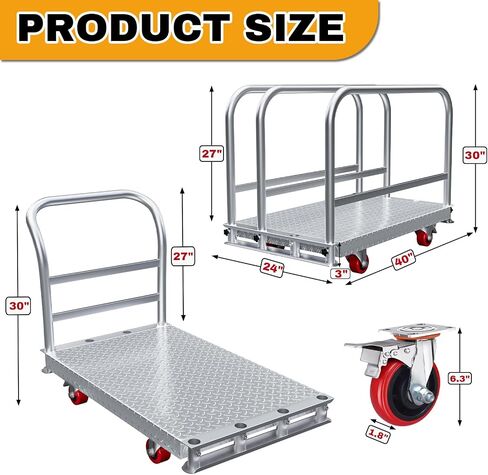2IN1 Steel Panel Cart Dolly – Heavy Duty Drywall Lumber Truck Cart with 3000 LBS Capacity, 44 x 28 Inch 2.2MM Steel Plate, 6" Swivel Brake Wheels, 1 Front & 3 Side Handrails (XL) in Kuwait