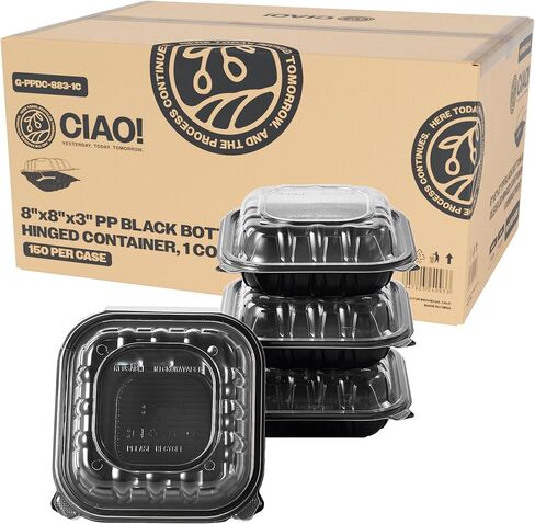 CIAO! 8"x8"x3" Polypropylene Black bottom with Clear Lid Hinged Container 1 Compartment Take Out Container, Microwavable, Recyclable and Reusable, (Case of 150) in Kuwait