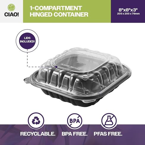 CIAO! 8"x8"x3" Polypropylene Black bottom with Clear Lid Hinged Container 1 Compartment Take Out Container, Microwavable, Recyclable and Reusable, (Case of 150) in Kuwait