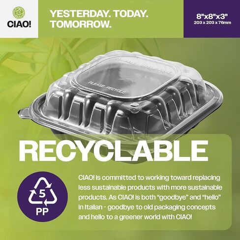CIAO! 8"x8"x3" Polypropylene Black bottom with Clear Lid Hinged Container 1 Compartment Take Out Container, Microwavable, Recyclable and Reusable, (Case of 150) in Kuwait