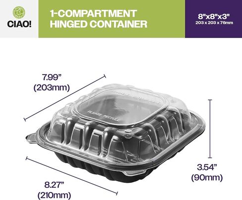 CIAO! 8"x8"x3" Polypropylene Black bottom with Clear Lid Hinged Container 1 Compartment Take Out Container, Microwavable, Recyclable and Reusable, (Case of 150) in Kuwait
