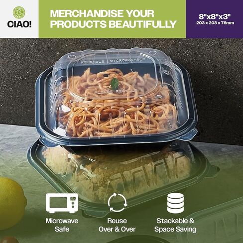 CIAO! 8"x8"x3" Polypropylene Black bottom with Clear Lid Hinged Container 1 Compartment Take Out Container, Microwavable, Recyclable and Reusable, (Case of 150) in Kuwait