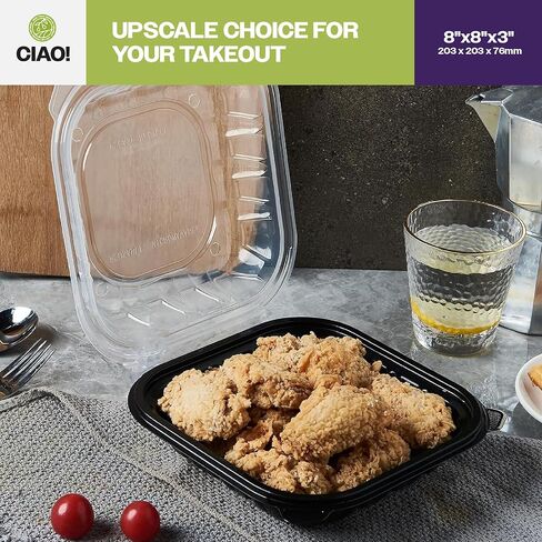 CIAO! 8"x8"x3" Polypropylene Black bottom with Clear Lid Hinged Container 1 Compartment Take Out Container, Microwavable, Recyclable and Reusable, (Case of 150) in Kuwait