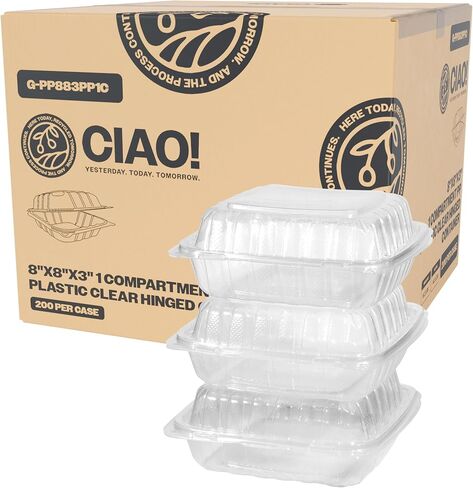 CIAO! 9"x9"x3" 1 Compartment PP Plastic Clear Hinged Container for Take Out (Case of 150) in Kuwait