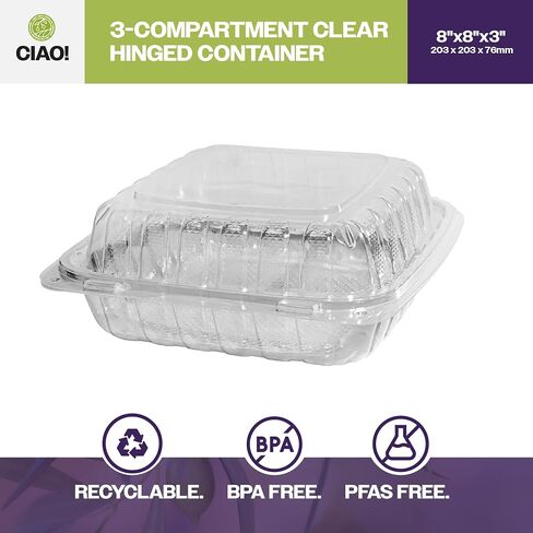 CIAO! 9"x9"x3" 1 Compartment PP Plastic Clear Hinged Container for Take Out (Case of 150) in Kuwait
