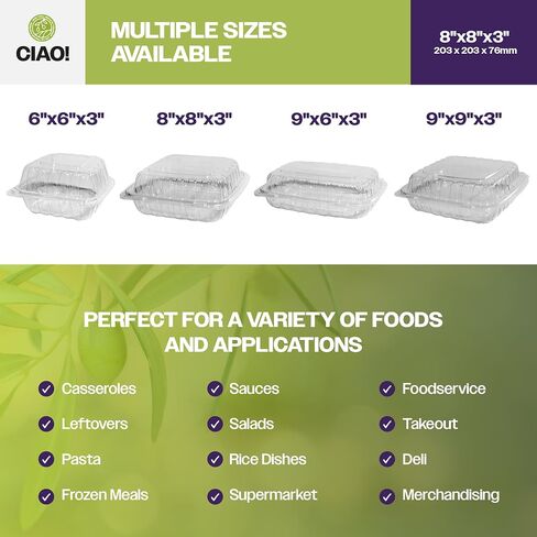 CIAO! 9"x9"x3" 1 Compartment PP Plastic Clear Hinged Container for Take Out (Case of 150) in Kuwait