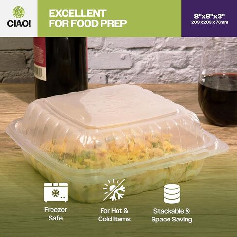 CIAO! 9"x9"x3" 1 Compartment PP Plastic Clear Hinged Container for Take Out (Case of 150) in Kuwait