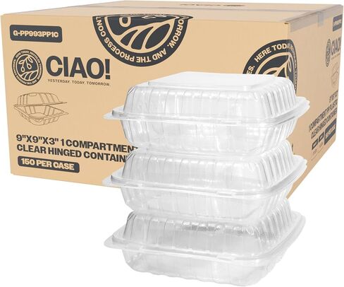CIAO! 9"x9"x3" 1 Compartment PP Plastic Clear Hinged Container for Take Out (Case of 150) in Kuwait