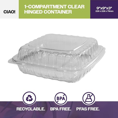 CIAO! 9"x9"x3" 1 Compartment PP Plastic Clear Hinged Container for Take Out (Case of 150) in Kuwait