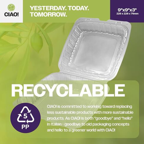 CIAO! 9"x9"x3" 1 Compartment PP Plastic Clear Hinged Container for Take Out (Case of 150) in Kuwait