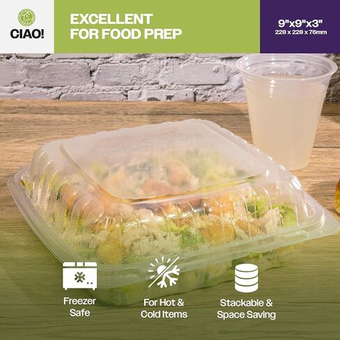 CIAO! 9"x9"x3" 1 Compartment PP Plastic Clear Hinged Container for Take Out (Case of 150) in Kuwait