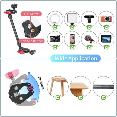 22" Magic Arm w Clamp, Overhead Phone Mount, Flexible Desk Camera Mount, Articulating Friction Boom Arm w Thread Adapter, for POV Shot, Light, Webcam, Mic, Action Camera, for Content Creators in Saudi Arabia