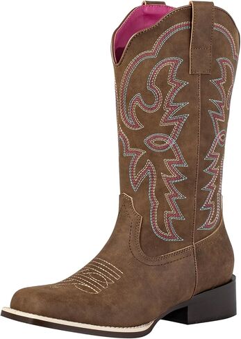 Shesole Women's Fashion Wide Square Toe Western Cowgirl Boots Boots Mid Calf مع Danvable Latex Insole Spur Ridge Heel لركوب الخيل Rodeo Country Concert Line Wedding Line in Kuwait