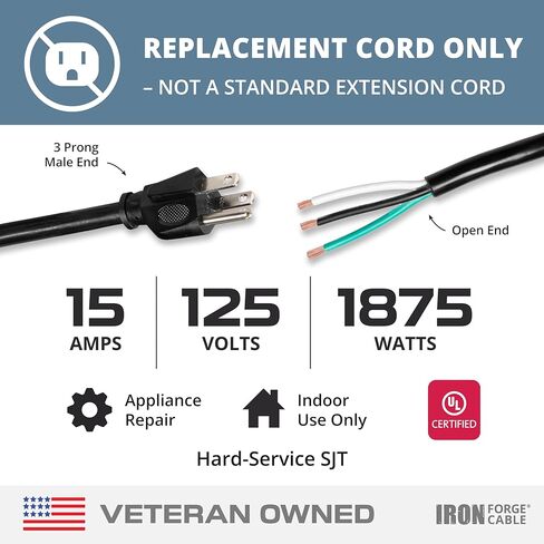 كابل الحديد Forge 10 Gauge Power Cord - 15 قدمًا ، 15 أمبير أسود للخدمة الثقيلة ، 12/3 SJT 3 Prong Cable - للأجهزة وأدوات الطاقة ، NEMA 5-15p in Kuwait