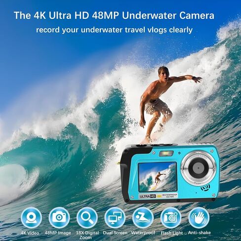 4K Underwater Camera, Full HD 4K&48MP Compact, 10FT Waterproof Camera for Snorkeling, Surfing, Rafting, Dual-Screen for Selfie/16X Digital Zoom/Fill Light/Support 128GB （Yellow） in Saudi Arabia