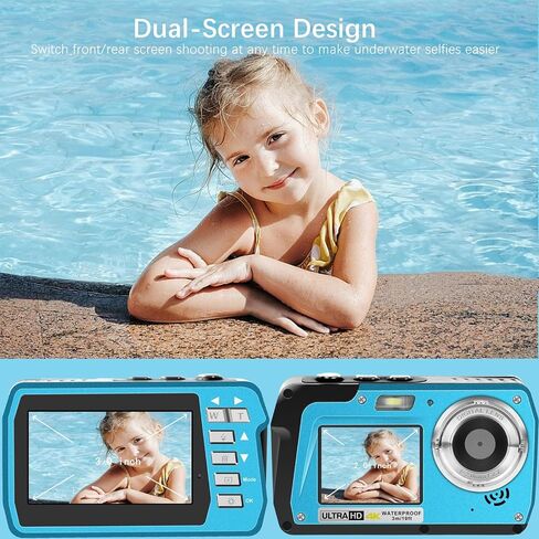 4K Underwater Camera, Full HD 4K&48MP Compact, 10FT Waterproof Camera for Snorkeling, Surfing, Rafting, Dual-Screen for Selfie/16X Digital Zoom/Fill Light/Support 128GB （Yellow） in Saudi Arabia