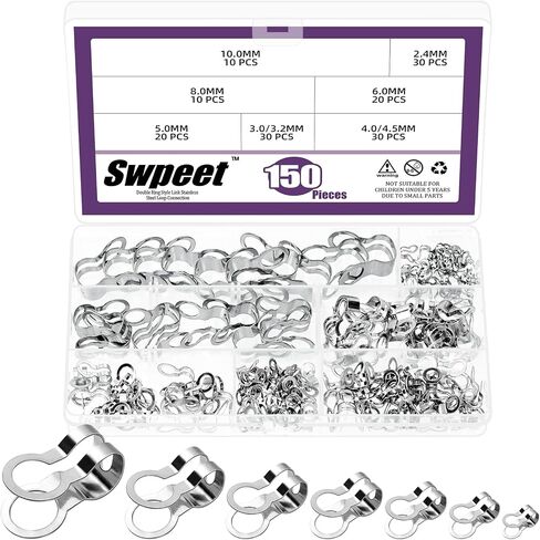 Swpeet 150Pcs 7 Sizes 2.4mm/ 3/3.2mm/ 4/4.5mm/ 5mm/ 6mm/ 8mm/ 10mm 304 Stainless Steel Ball Chain Connector Assortment Kit, Double Ring Style Link Loop Connection for Craft and Jewelry Making in Saudi Arabia