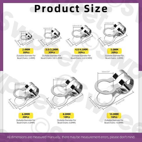 Swpeet 150Pcs 7 Sizes 2.4mm/ 3/3.2mm/ 4/4.5mm/ 5mm/ 6mm/ 8mm/ 10mm 304 Stainless Steel Ball Chain Connector Assortment Kit, Double Ring Style Link Loop Connection for Craft and Jewelry Making in Saudi Arabia