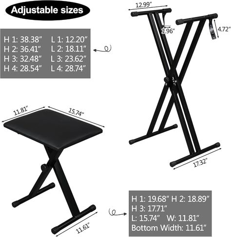 Double X Keyboard Stand and Bench Set, Heavy-Duty Adjustable Height Digital Piano Keyboard Stand with Locking Straps(Black) in Saudi Arabia