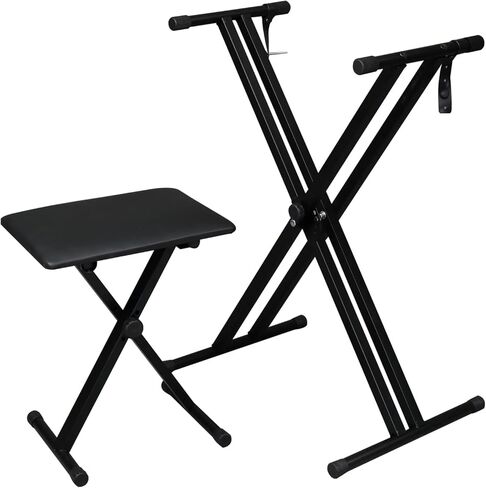 Double X Keyboard Stand and Bench Set, Heavy-Duty Adjustable Height Digital Piano Keyboard Stand with Locking Straps(Black) in Saudi Arabia