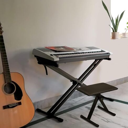 Double X Keyboard Stand and Bench Set, Heavy-Duty Adjustable Height Digital Piano Keyboard Stand with Locking Straps(Black) in Saudi Arabia