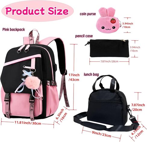 4 Pcs Girls Backpack Bookbag with Lunch Box and Case,17 Inch Teen Girls Kids Boys Pink Backpacks for Primary Middle School in Kuwait