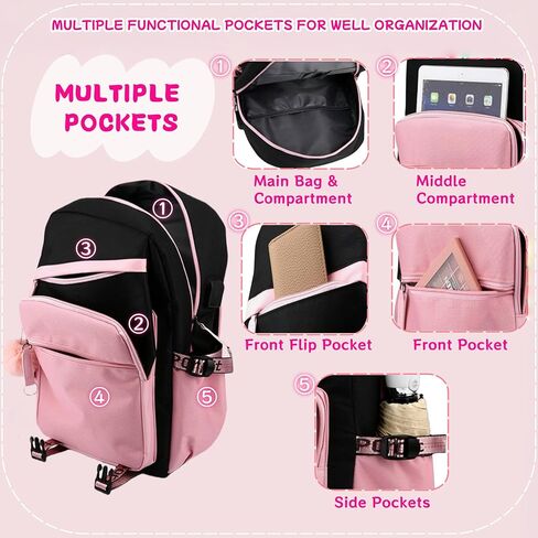 4 Pcs Girls Backpack Bookbag with Lunch Box and Case,17 Inch Teen Girls Kids Boys Pink Backpacks for Primary Middle School in Kuwait