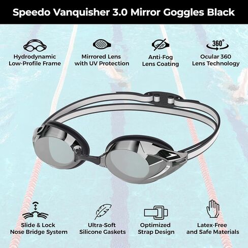 Speedo Vanquisher 3.0 Mirror Swim Goggles - Black | مضاد للضغط ، حماية الأشعة فوق البنفسجية ، عدسة 360 العين ، تناسب السباق الهيدروديناميكي in Saudi Arabia