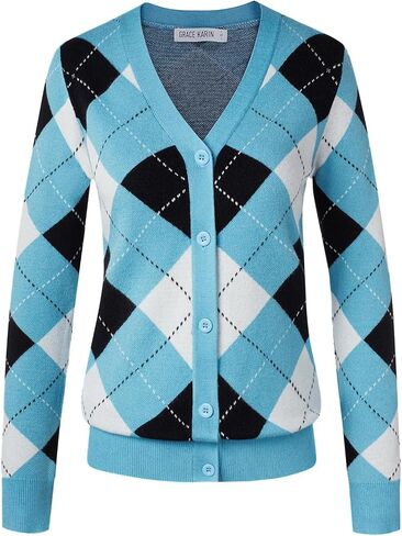 Womens Argyle Preppy Cardigan Sweater Casual V Neck Button Down Knit Cardigan Color Block Shrugs S-2XL in Saudi Arabia