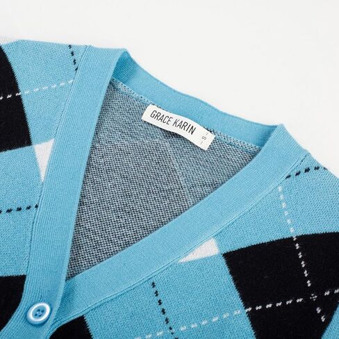 Womens Argyle Preppy Cardigan Sweater Casual V Neck Button Down Knit Cardigan Color Block Shrugs S-2XL in Saudi Arabia