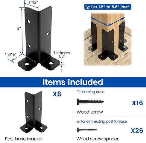 Muzata 4Pack Adjustable Post Base Brackets Fit 1.5x1.5 2x2 2x4 4x4 Heavy Duty Wood Fence Pergola Black Half Column Deck Post Anchor for Deck Railing Mailbox WT32 in Saudi Arabia