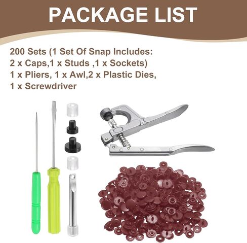 HARFINGTON Plastic Snaps Fasteners with Snap Pliers, 200 Set T3 Round Resin No-Sew Button Snap Fasteners Kit for Clothing Sewing Diapers Bibs Crafting, Coffee in Saudi Arabia