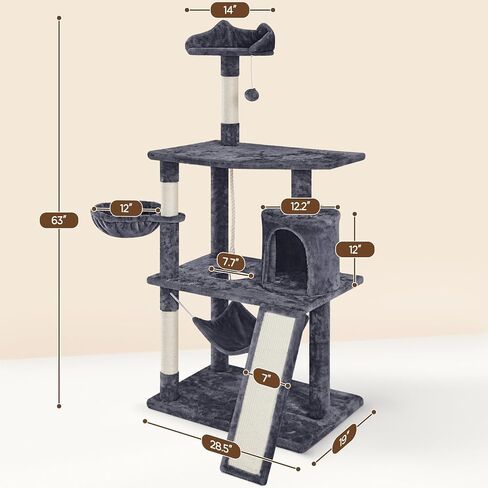 Yaheetech 63.5in شقة برج Tree Tower متعددة المستويات مع منشورات الخدش ، والأرجوحة ، وأثاث Cat Activity Center للعب القطط والقطط والحيوانات الأليفة in Kuwait