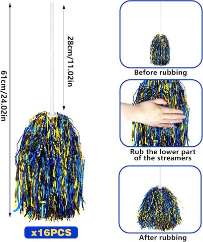 16pcs التشجيع بوم بومس المعادن احباط البلاستيك pompoms الخفافيش طويلة المقبض الرياضي الرياضي الرقص كرة القدم لكرة السلة نادي الروح الرياضية الاحتفال الأداء （الأزرق والذهبي） in Saudi Arabia