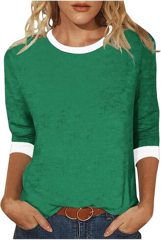 3/4 Sleeve Tops for Women Color Block Casual Summer T-Shirt Cute Crew Neck Cotton T Shirts Comfy Loose Blouse in Saudi Arabia
