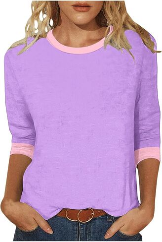 3/4 Sleeve Tops for Women Color Block Casual Summer T-Shirt Cute Crew Neck Cotton T Shirts Comfy Loose Blouse in Saudi Arabia