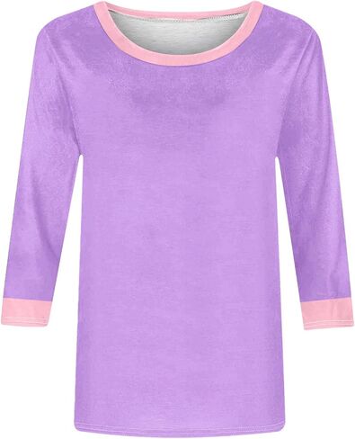 3/4 Sleeve Tops for Women Color Block Casual Summer T-Shirt Cute Crew Neck Cotton T Shirts Comfy Loose Blouse in Saudi Arabia