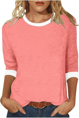 3/4 Sleeve Tops for Women Color Block Casual Summer T-Shirt Cute Crew Neck Cotton T Shirts Comfy Loose Blouse in Saudi Arabia