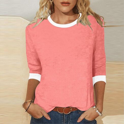 3/4 Sleeve Tops for Women Color Block Casual Summer T-Shirt Cute Crew Neck Cotton T Shirts Comfy Loose Blouse in Saudi Arabia